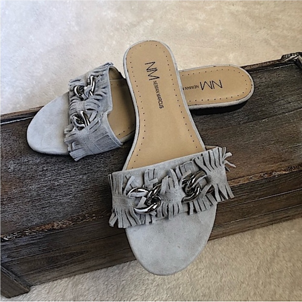 Neiman Marcus Suede flats Ethel Gray Flat Chain link Kiltie Suede Slide Sandals